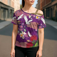 Hawaiian and Japanese Culture Together Cross Shoulder Shirt Purple Ohia Lehua Plumeria and Sakura Blooming LT03 - Polynesian Pride