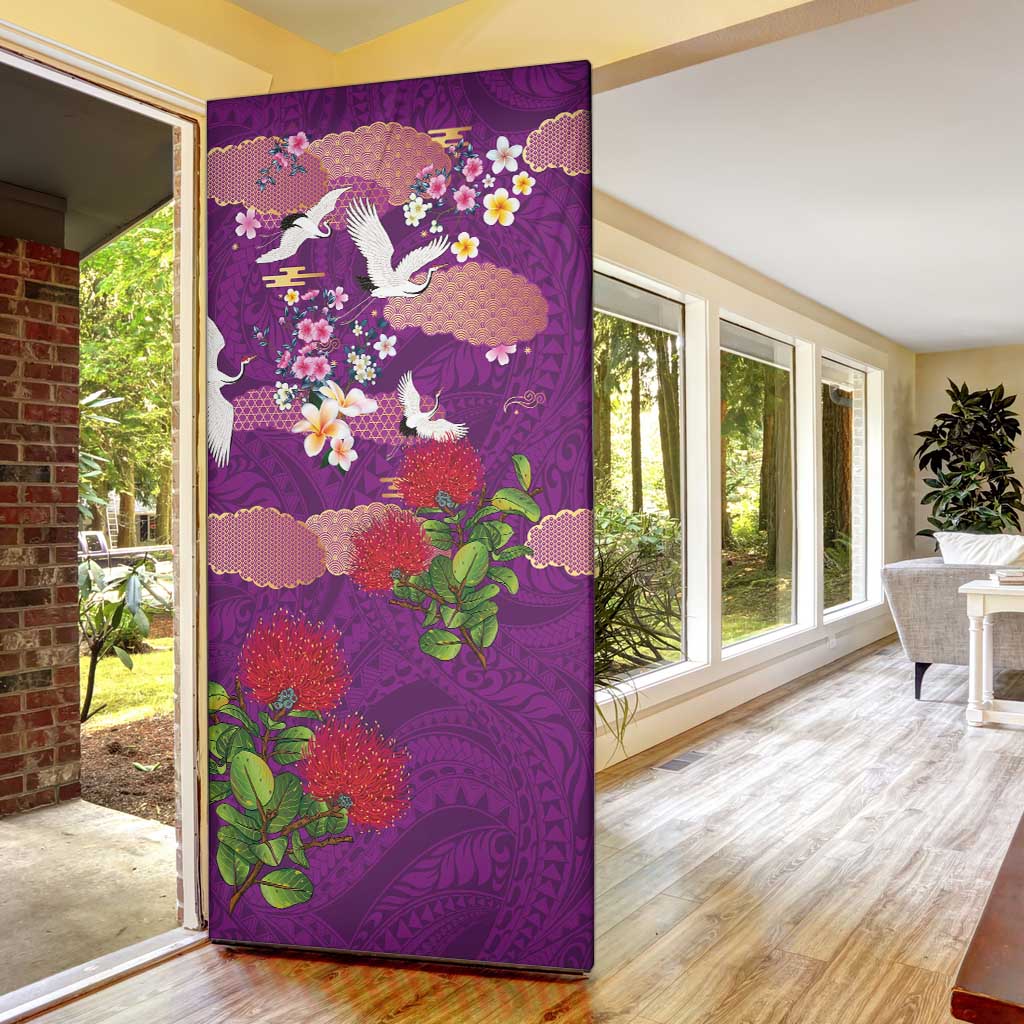 Hawaiian and Japanese Culture Together Door Cover Purple Ohia Lehua Plumeria and Sakura Blooming LT03 - Polynesian Pride