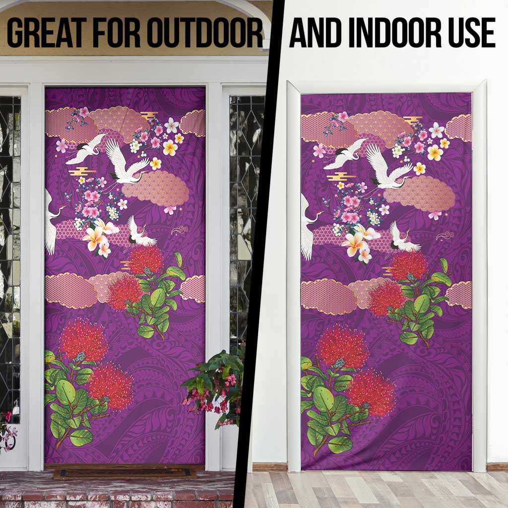 Hawaiian and Japanese Culture Together Door Cover Purple Ohia Lehua Plumeria and Sakura Blooming LT03 - Polynesian Pride