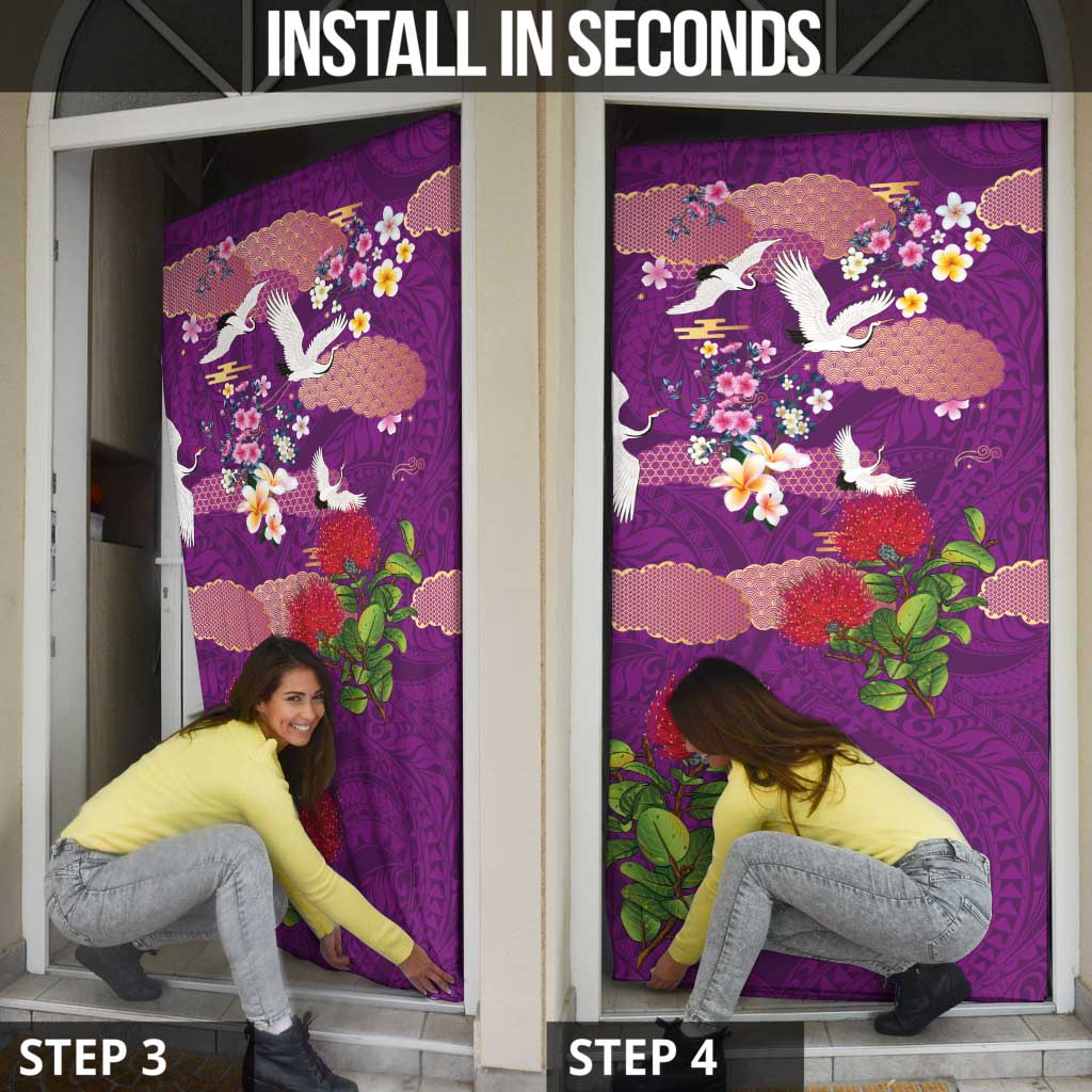 Hawaiian and Japanese Culture Together Door Cover Purple Ohia Lehua Plumeria and Sakura Blooming LT03 - Polynesian Pride