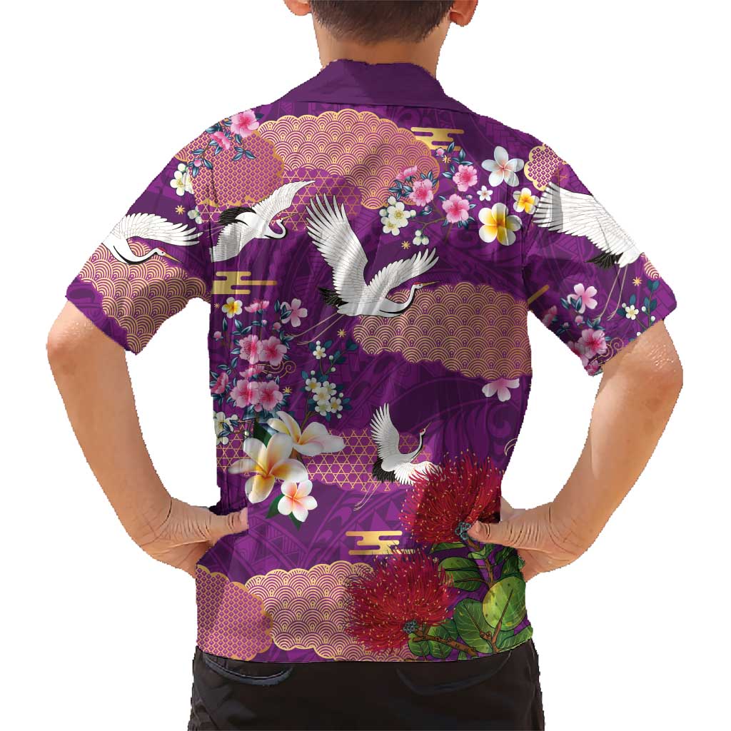 Hawaiian and Japanese Culture Together Family Matching Long Sleeve Bodycon Dress and Hawaiian Shirt Purple Ohia Lehua Plumeria and Sakura Blooming LT03 - Polynesian Pride