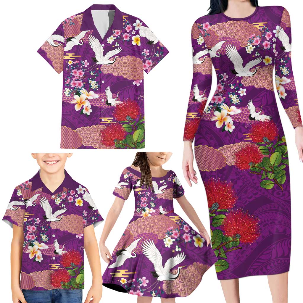 Hawaiian and Japanese Culture Together Family Matching Long Sleeve Bodycon Dress and Hawaiian Shirt Purple Ohia Lehua Plumeria and Sakura Blooming LT03 - Polynesian Pride