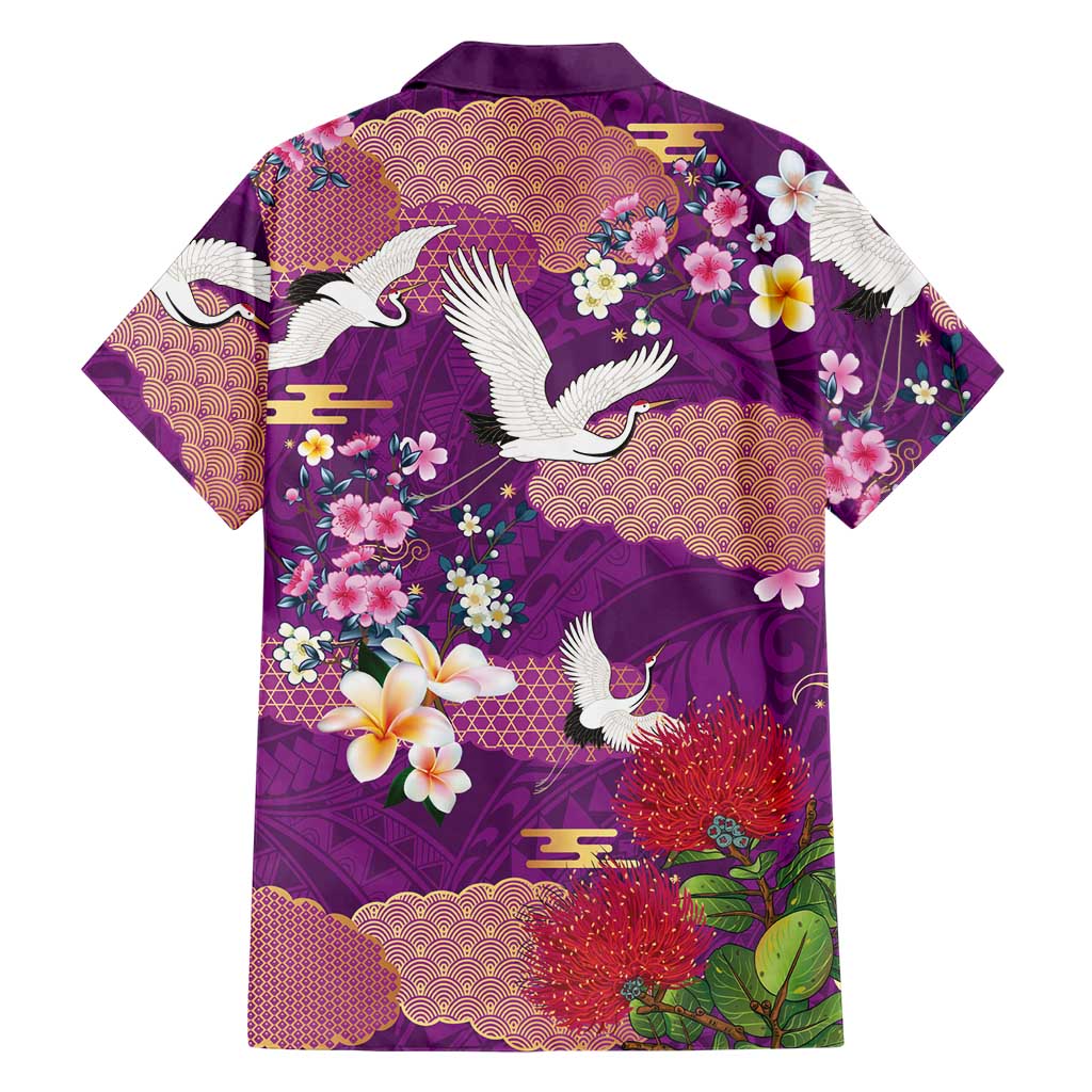 Hawaiian and Japanese Culture Together Family Matching Long Sleeve Bodycon Dress and Hawaiian Shirt Purple Ohia Lehua Plumeria and Sakura Blooming LT03 - Polynesian Pride