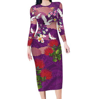 Hawaiian and Japanese Culture Together Family Matching Long Sleeve Bodycon Dress and Hawaiian Shirt Purple Ohia Lehua Plumeria and Sakura Blooming LT03 Mom's Dress Purple - Polynesian Pride