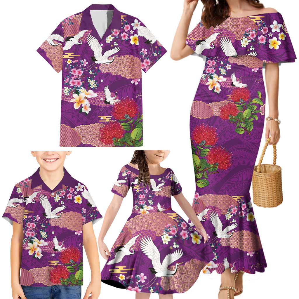 Hawaiian and Japanese Culture Together Family Matching Mermaid Dress and Hawaiian Shirt Purple Ohia Lehua Plumeria and Sakura Blooming LT03 - Polynesian Pride