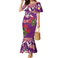 Hawaiian and Japanese Culture Together Family Matching Mermaid Dress and Hawaiian Shirt Purple Ohia Lehua Plumeria and Sakura Blooming LT03 Mom's Dress Purple - Polynesian Pride