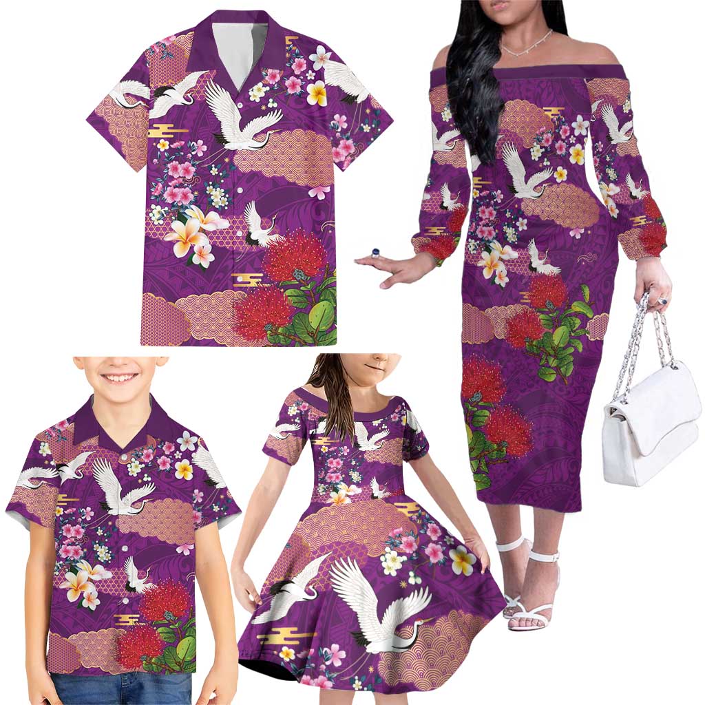 Hawaiian and Japanese Culture Together Family Matching Off The Shoulder Long Sleeve Dress and Hawaiian Shirt Purple Ohia Lehua Plumeria and Sakura Blooming - Polynesian Pride