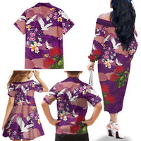 Hawaiian and Japanese Culture Together Family Matching Off The Shoulder Long Sleeve Dress and Hawaiian Shirt Purple Ohia Lehua Plumeria and Sakura Blooming LT03 - Polynesian Pride