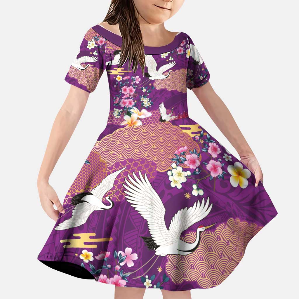 Hawaiian and Japanese Culture Together Family Matching Off Shoulder Maxi Dress and Hawaiian Shirt Purple Ohia Lehua Plumeria and Sakura Blooming LT03 Daughter's Dress Purple - Polynesian Pride