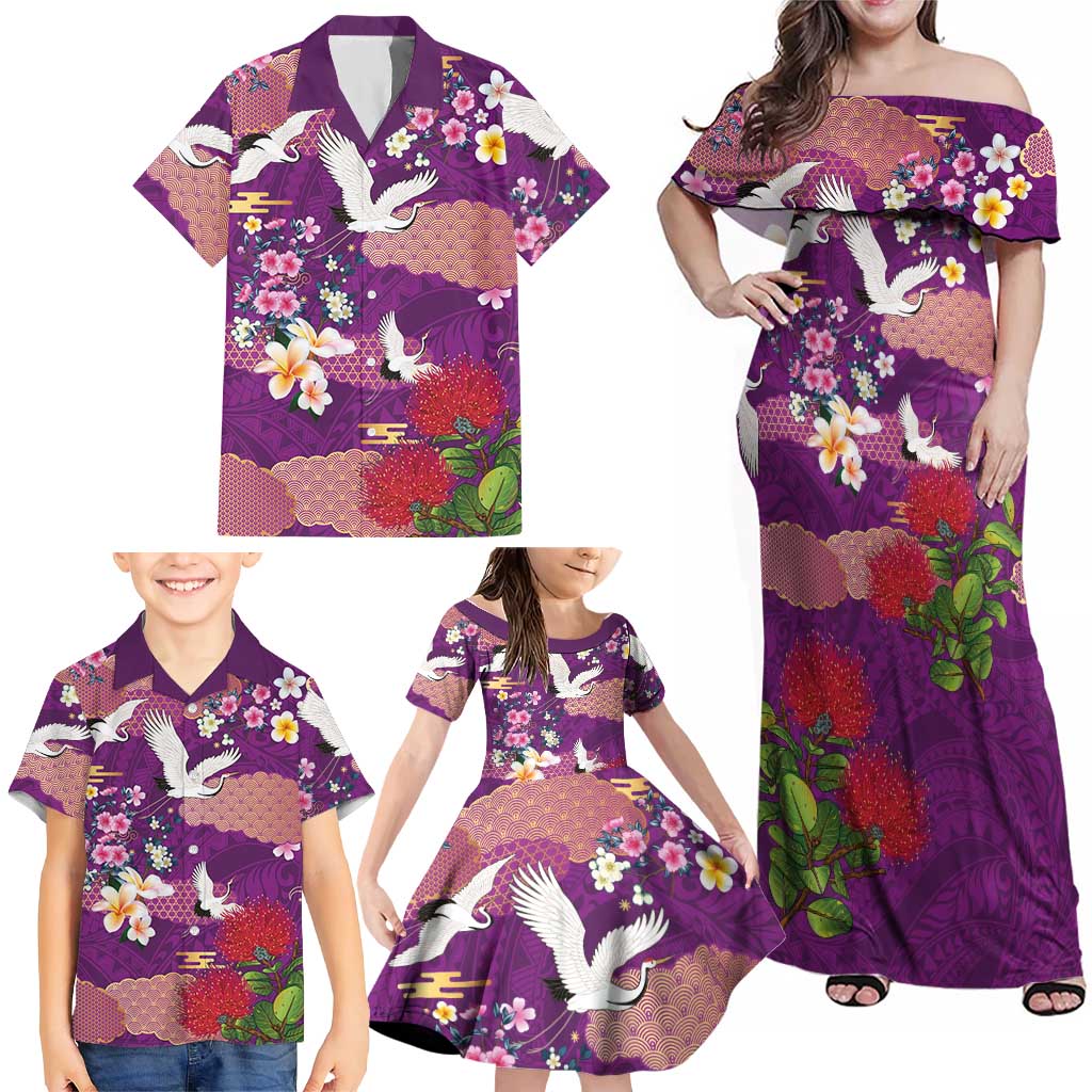 Hawaiian and Japanese Culture Together Family Matching Off Shoulder Maxi Dress and Hawaiian Shirt Purple Ohia Lehua Plumeria and Sakura Blooming LT03 - Polynesian Pride