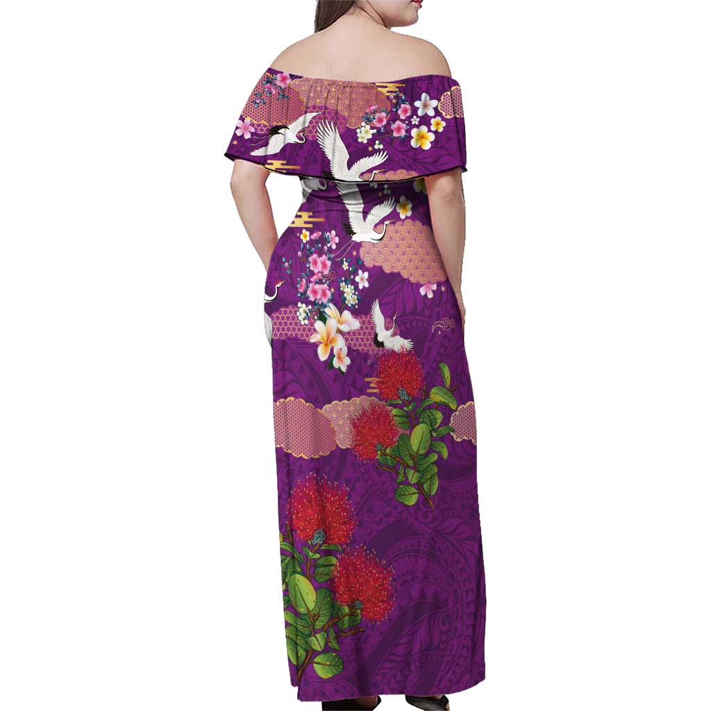 Hawaiian and Japanese Culture Together Family Matching Off Shoulder Maxi Dress and Hawaiian Shirt Purple Ohia Lehua Plumeria and Sakura Blooming LT03 - Polynesian Pride