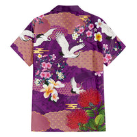 Hawaiian and Japanese Culture Together Family Matching Off Shoulder Short Dress and Hawaiian Shirt Purple Ohia Lehua Plumeria and Sakura Blooming LT03 - Polynesian Pride