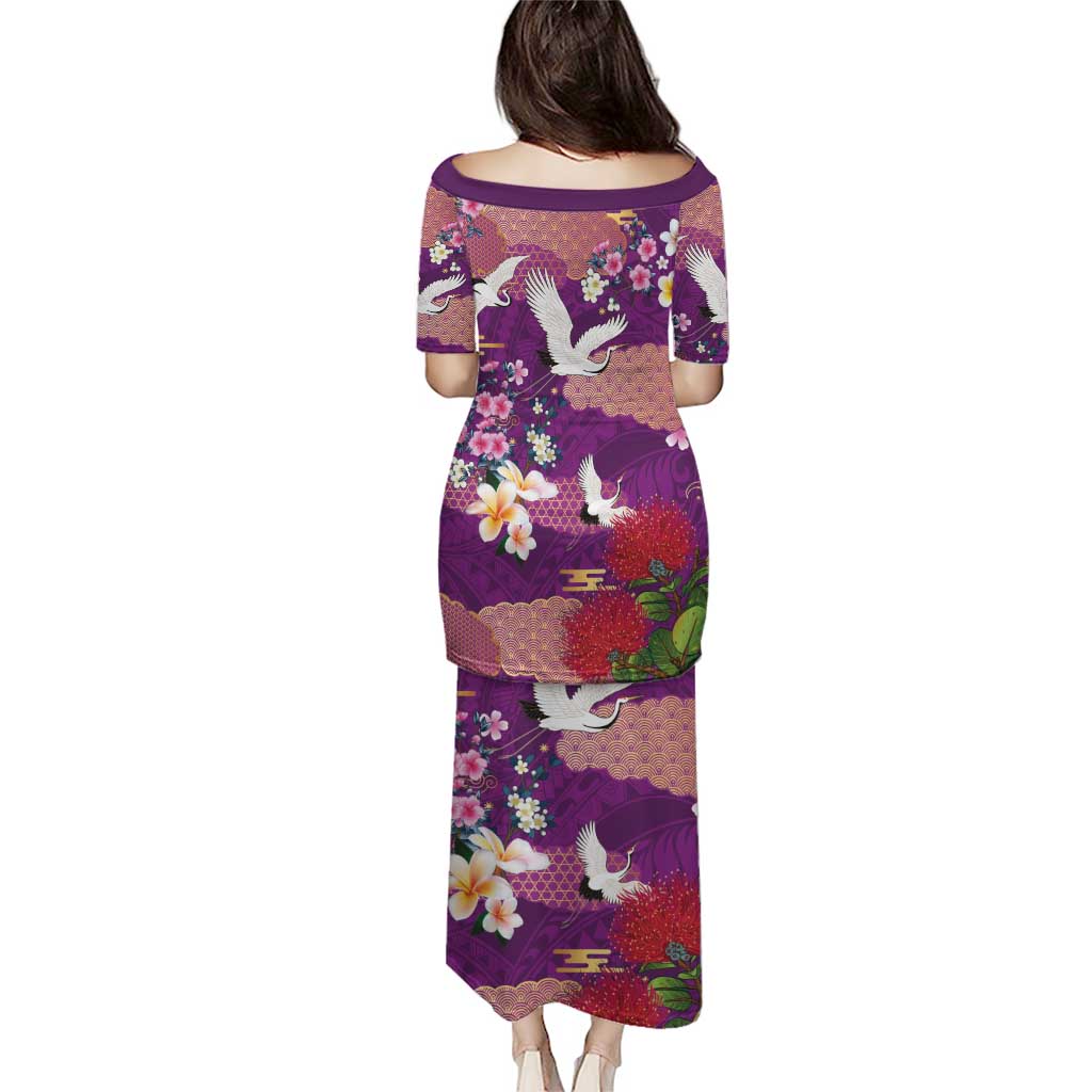 Hawaiian and Japanese Culture Together Family Matching Puletasi and Hawaiian Shirt Purple Ohia Lehua Plumeria and Sakura Blooming LT03 - Polynesian Pride