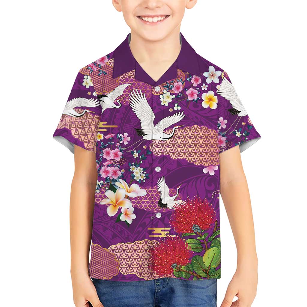 Hawaiian and Japanese Culture Together Family Matching Puletasi and Hawaiian Shirt Purple Ohia Lehua Plumeria and Sakura Blooming LT03 Son's Shirt Purple - Polynesian Pride