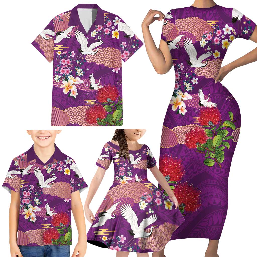 Hawaiian and Japanese Culture Together Family Matching Short Sleeve Bodycon Dress and Hawaiian Shirt Purple Ohia Lehua Plumeria and Sakura Blooming LT03 - Polynesian Pride
