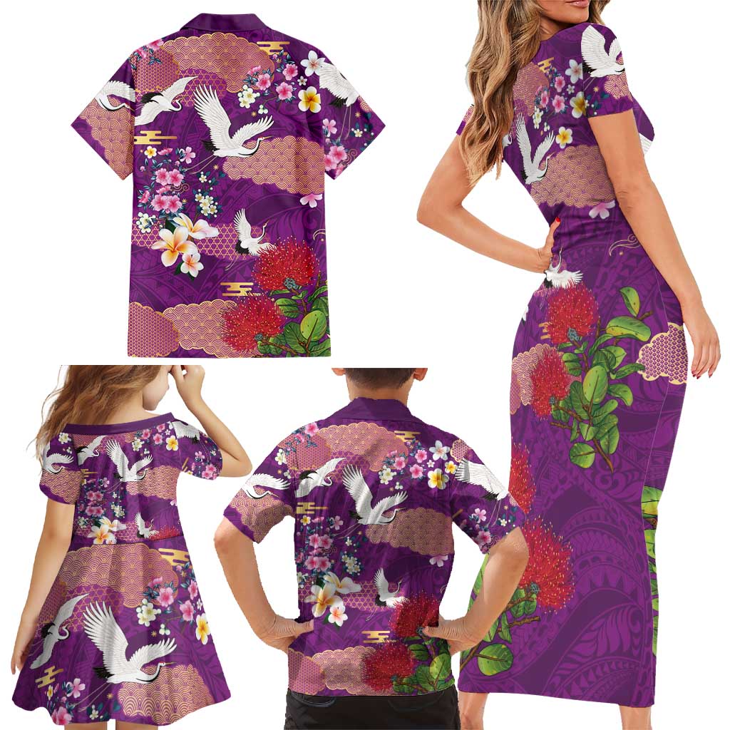 Hawaiian and Japanese Culture Together Family Matching Short Sleeve Bodycon Dress and Hawaiian Shirt Purple Ohia Lehua Plumeria and Sakura Blooming LT03 - Polynesian Pride
