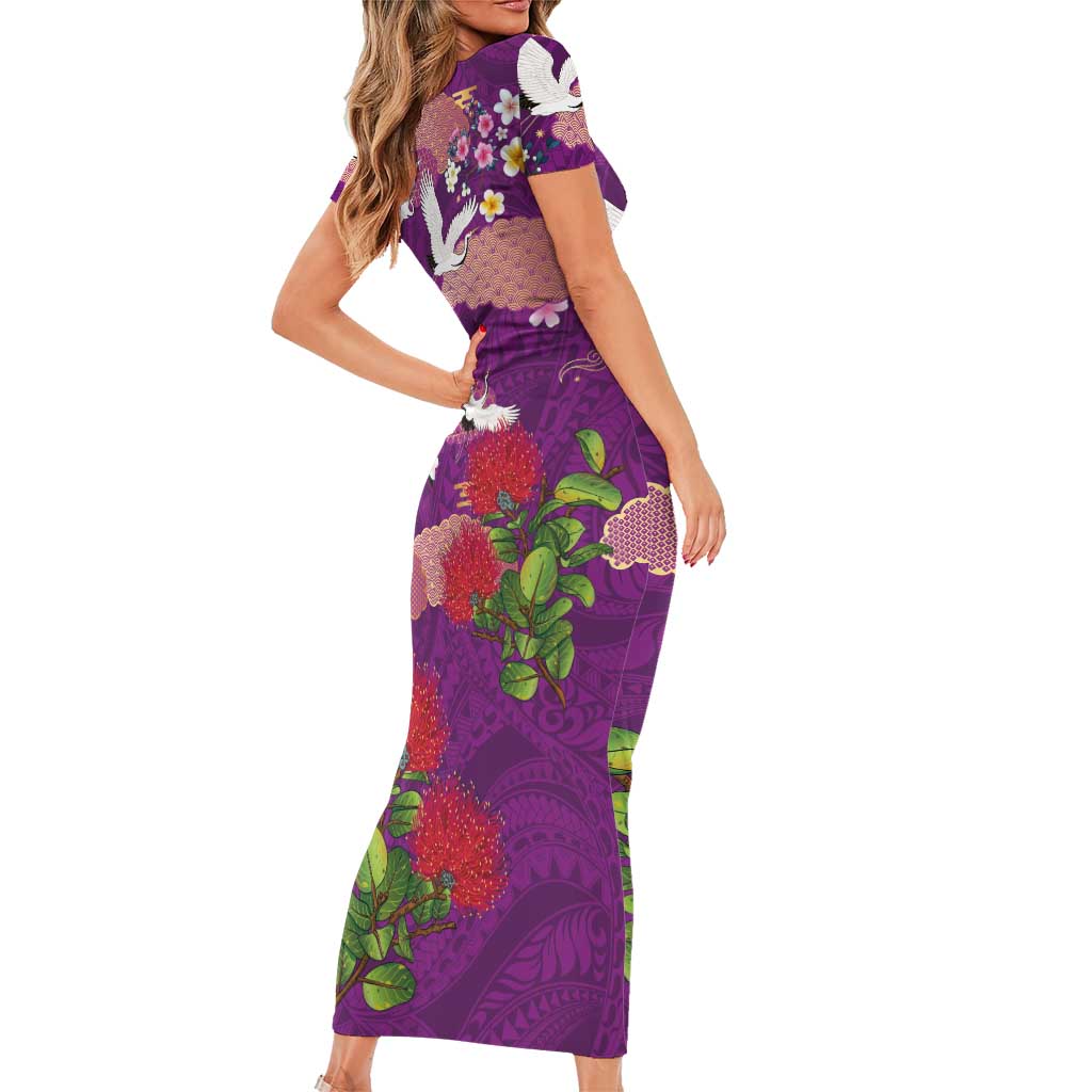 Hawaiian and Japanese Culture Together Family Matching Short Sleeve Bodycon Dress and Hawaiian Shirt Purple Ohia Lehua Plumeria and Sakura Blooming LT03 - Polynesian Pride