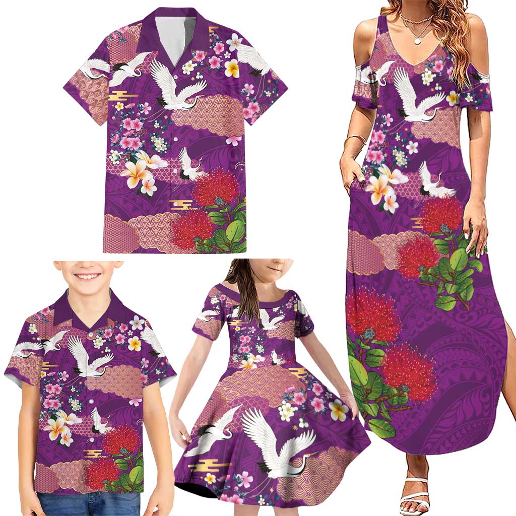 Hawaiian and Japanese Culture Together Family Matching Summer Maxi Dress and Hawaiian Shirt Purple Ohia Lehua Plumeria and Sakura Blooming LT03 - Polynesian Pride
