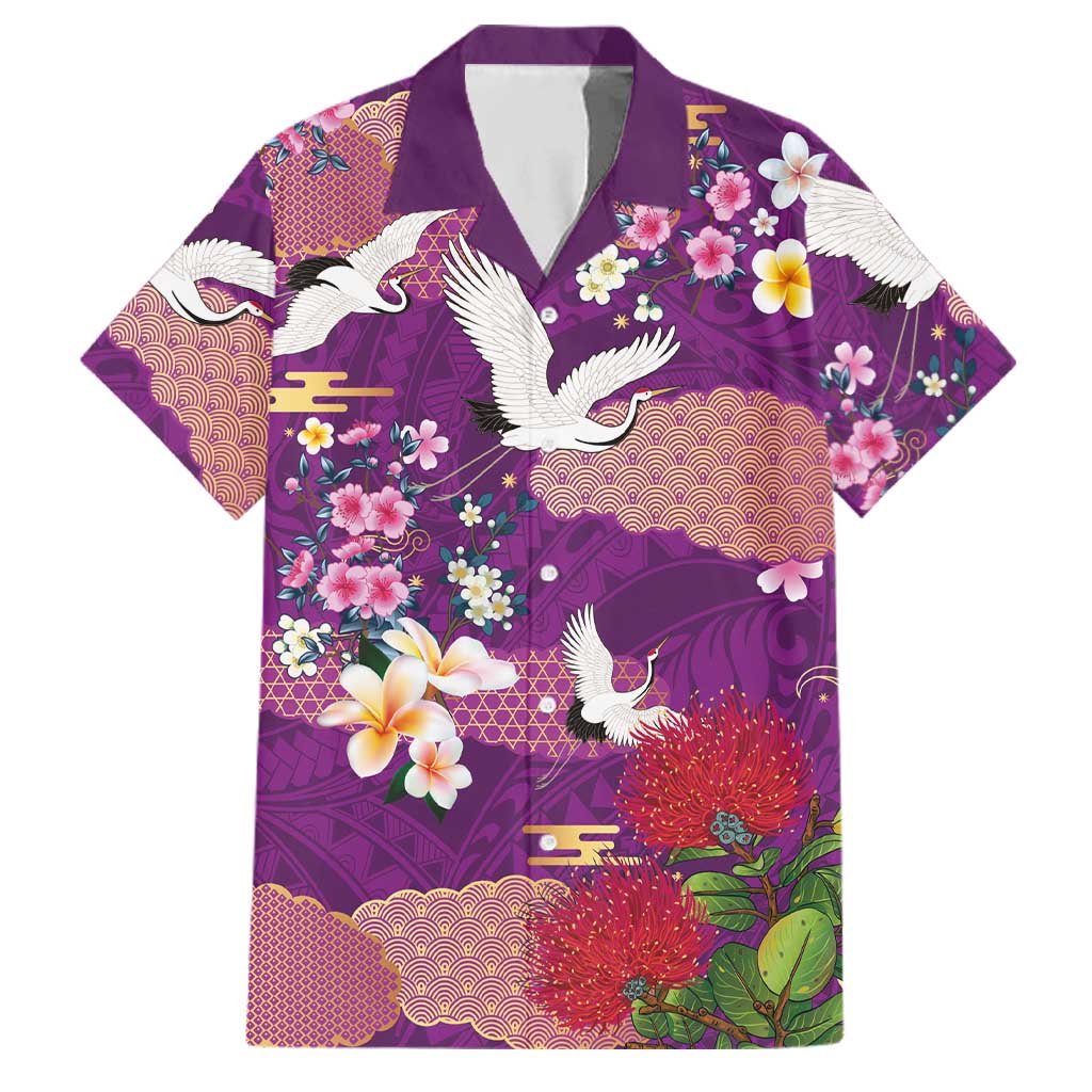 Hawaiian and Japanese Culture Together Family Matching Summer Maxi Dress and Hawaiian Shirt Purple Ohia Lehua Plumeria and Sakura Blooming LT03 Dad's Shirt - Short Sleeve Purple - Polynesian Pride