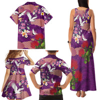 Hawaiian and Japanese Culture Together Family Matching Tank Maxi Dress and Hawaiian Shirt Purple Ohia Lehua Plumeria and Sakura Blooming LT03 - Polynesian Pride