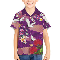 Hawaiian and Japanese Culture Together Family Matching Tank Maxi Dress and Hawaiian Shirt Purple Ohia Lehua Plumeria and Sakura Blooming LT03 Son's Shirt Purple - Polynesian Pride