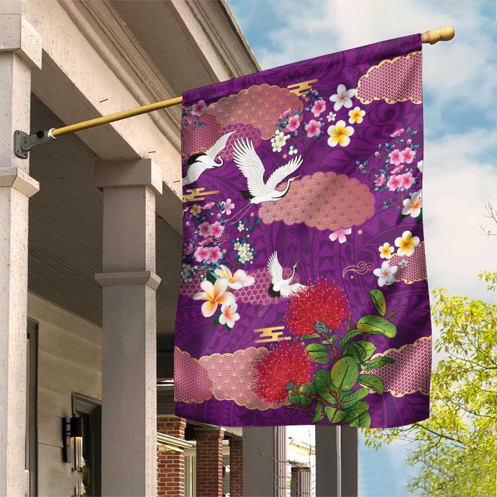 Hawaiian and Japanese Culture Together Garden Flag Purple Ohia Lehua Plumeria and Sakura Blooming LT03 House Flag Purple - Polynesian Pride