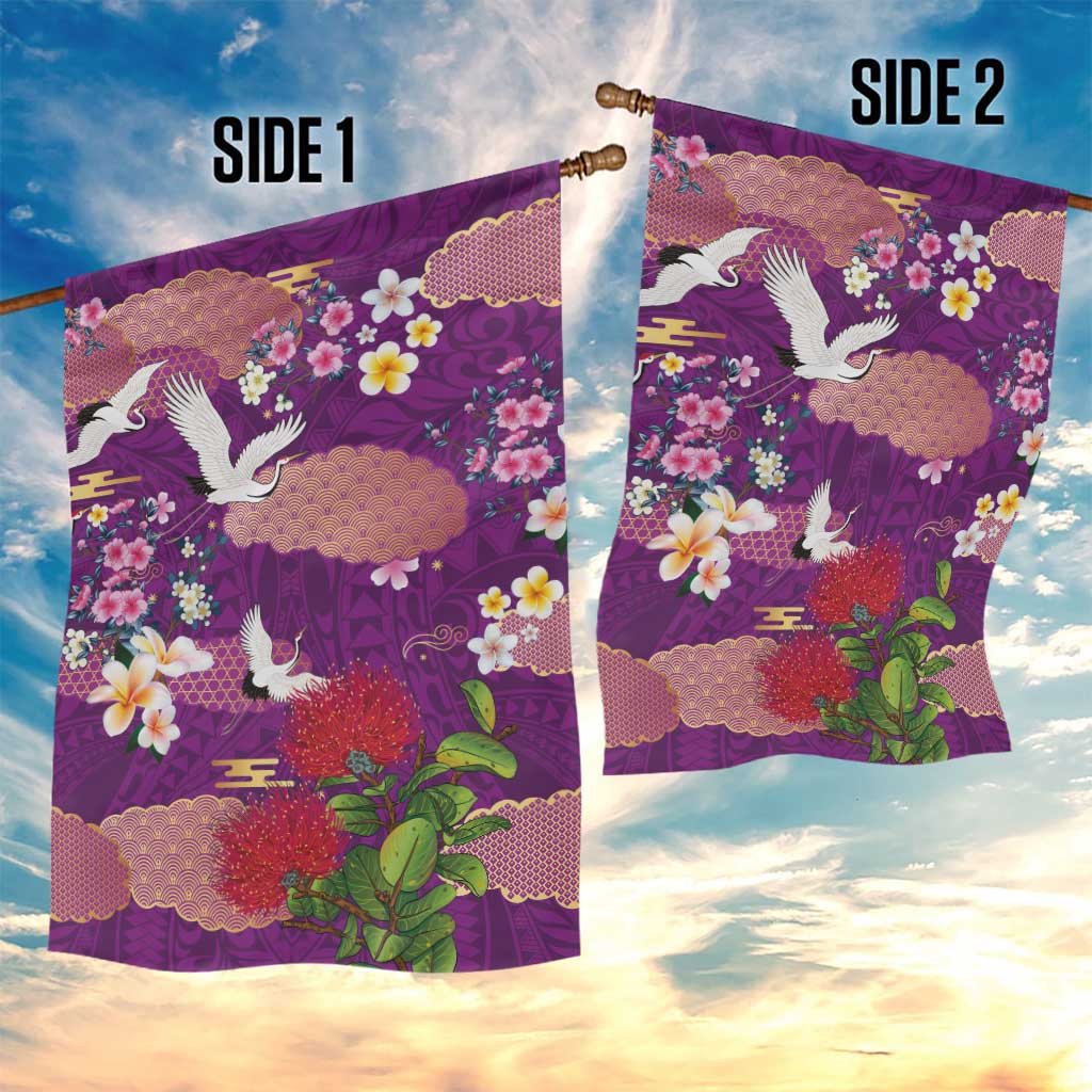 Hawaiian and Japanese Culture Together Garden Flag Purple Ohia Lehua Plumeria and Sakura Blooming LT03 - Polynesian Pride