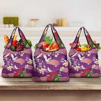 Hawaiian and Japanese Culture Together Grocery Bag Purple Ohia Lehua Plumeria and Sakura Blooming LT03 3-pack One Size Purple - Polynesian Pride