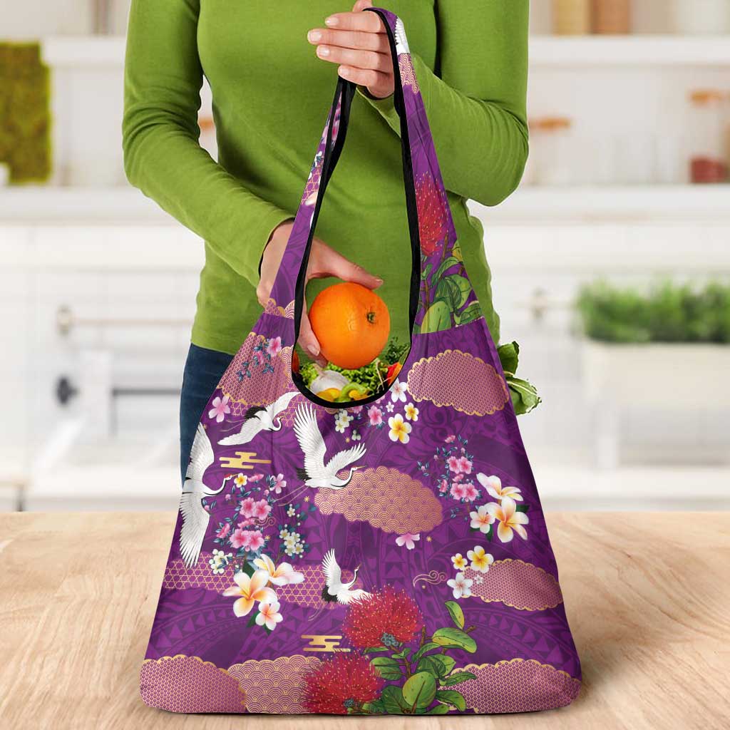 Hawaiian and Japanese Culture Together Grocery Bag Purple Ohia Lehua Plumeria and Sakura Blooming LT03 - Polynesian Pride