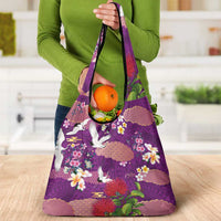 Hawaiian and Japanese Culture Together Grocery Bag Purple Ohia Lehua Plumeria and Sakura Blooming LT03 - Polynesian Pride