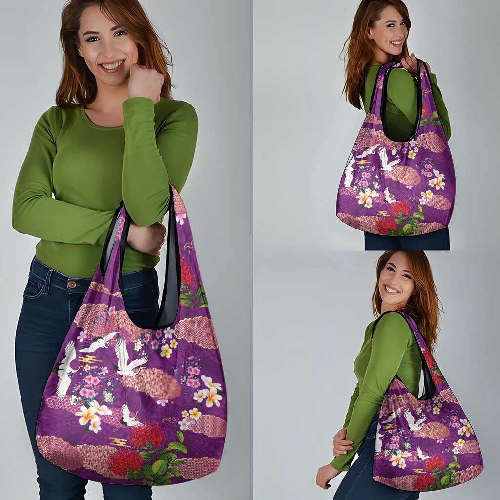Hawaiian and Japanese Culture Together Grocery Bag Purple Ohia Lehua Plumeria and Sakura Blooming LT03 - Polynesian Pride