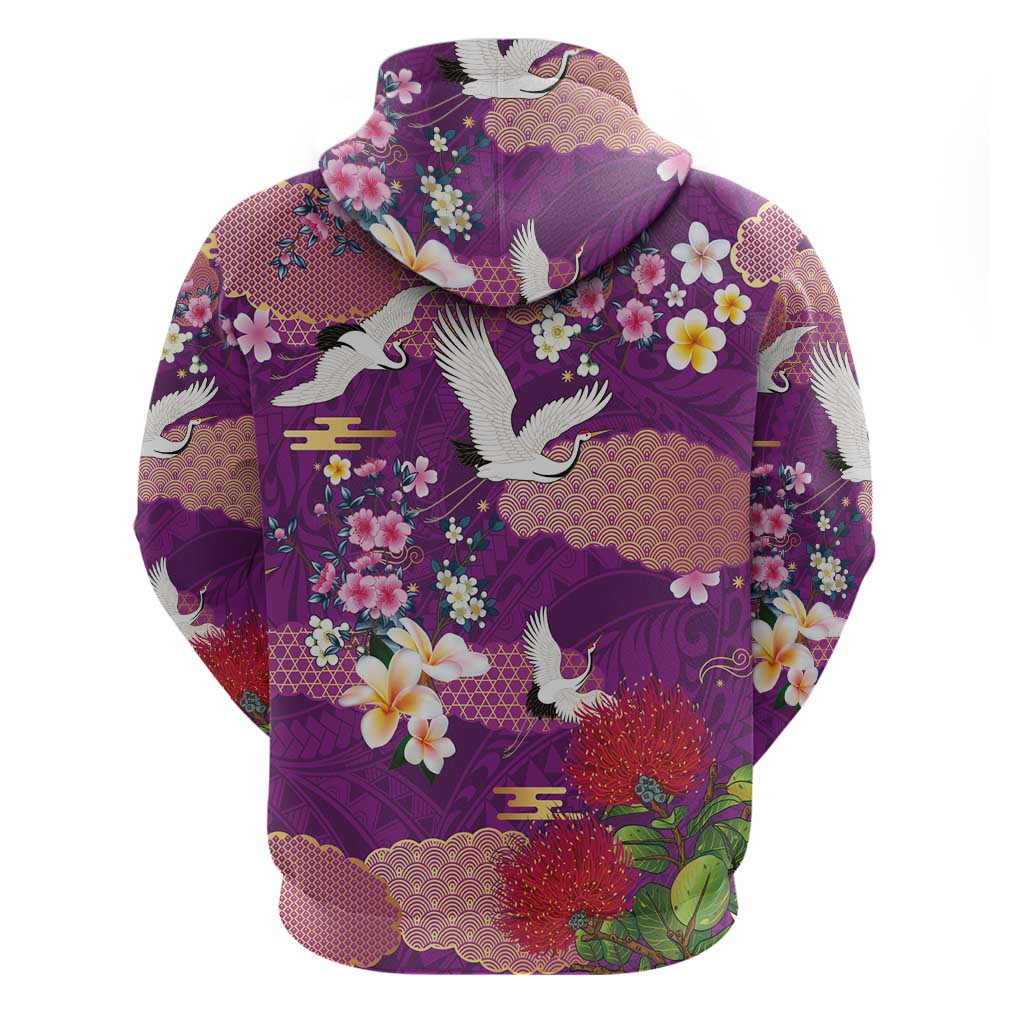 Hawaiian and Japanese Culture Together Hoodie Purple Ohia Lehua Plumeria and Sakura Blooming LT03 - Polynesian Pride