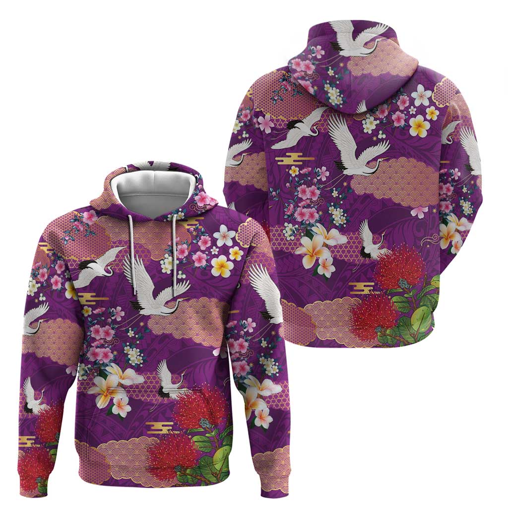 Hawaiian and Japanese Culture Together Hoodie Purple Ohia Lehua Plumeria and Sakura Blooming LT03 - Polynesian Pride
