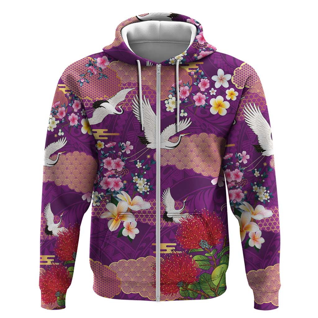 Hawaiian and Japanese Culture Together Hoodie Purple Ohia Lehua Plumeria and Sakura Blooming LT03 Zip Hoodie Purple - Polynesian Pride
