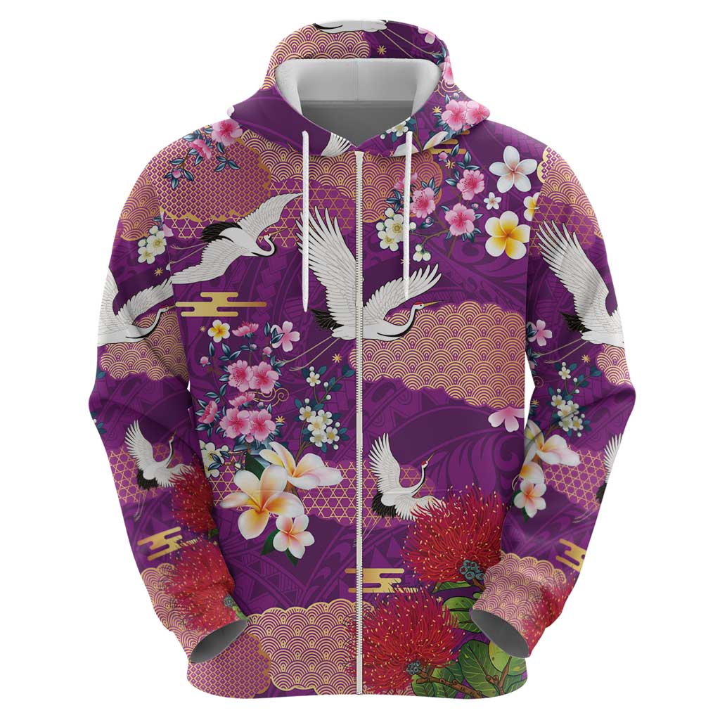 Hawaiian and Japanese Culture Together Hoodie Purple Ohia Lehua Plumeria and Sakura Blooming LT03 - Polynesian Pride