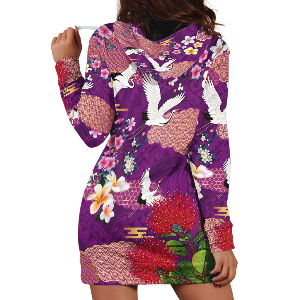 Hawaiian and Japanese Culture Together Hoodie Dress Purple Ohia Lehua Plumeria and Sakura Blooming LT03 - Polynesian Pride