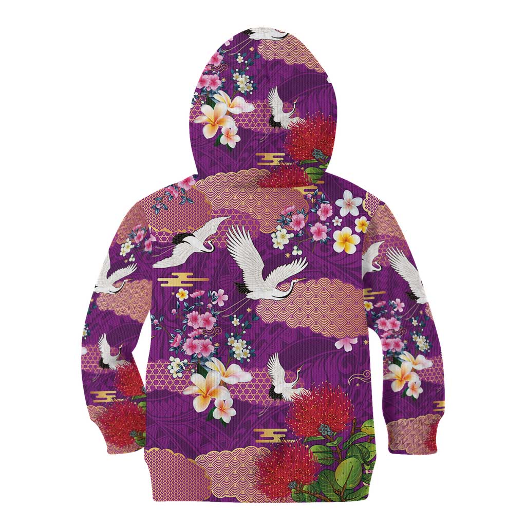 Hawaiian and Japanese Culture Together Kid Hoodie Purple Ohia Lehua Plumeria and Sakura Blooming LT03 - Polynesian Pride