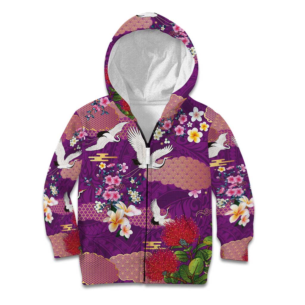 Hawaiian and Japanese Culture Together Kid Hoodie Purple Ohia Lehua Plumeria and Sakura Blooming LT03 Zip Hoodie Purple - Polynesian Pride
