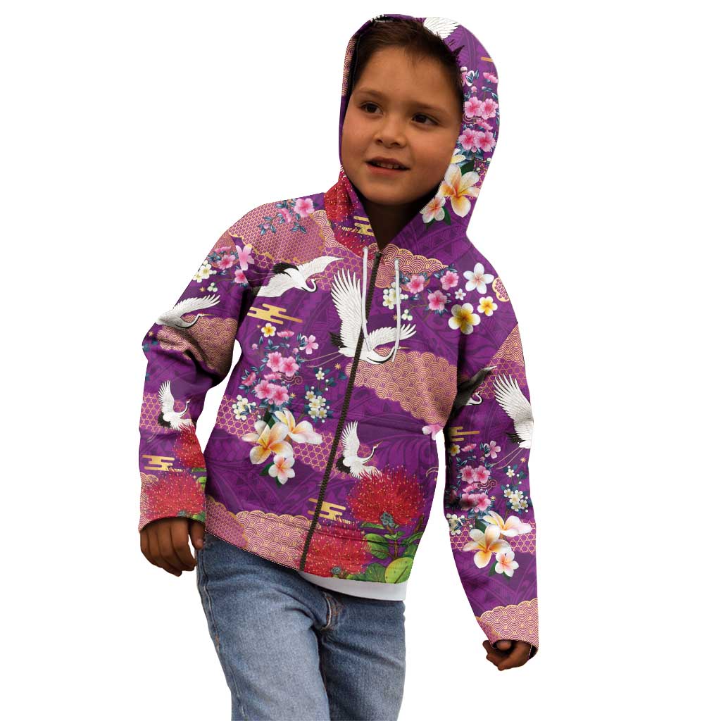 Hawaiian and Japanese Culture Together Kid Hoodie Purple Ohia Lehua Plumeria and Sakura Blooming LT03 - Polynesian Pride