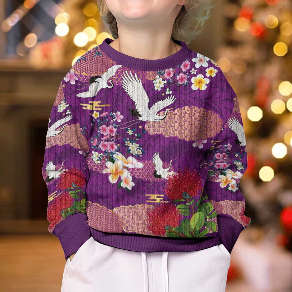 Hawaiian and Japanese Culture Together Kid Ugly Christmas Sweater Purple Ohia Lehua Plumeria and Sakura Blooming LT03 - Polynesian Pride