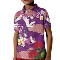 Hawaiian and Japanese Culture Together Kid Polo Shirt Purple Ohia Lehua Plumeria and Sakura Blooming - Polynesian Pride