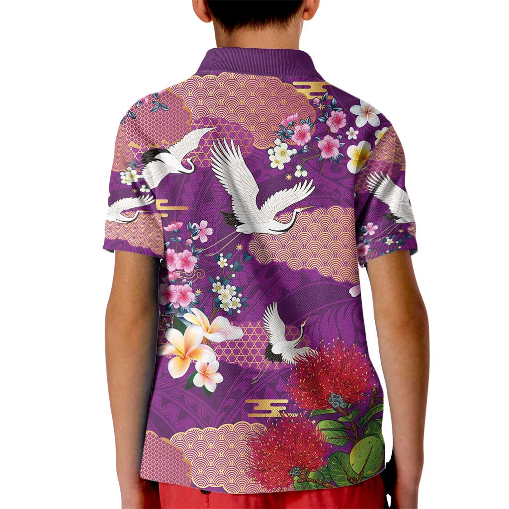 Hawaiian and Japanese Culture Together Kid Polo Shirt Purple Ohia Lehua Plumeria and Sakura Blooming - Polynesian Pride