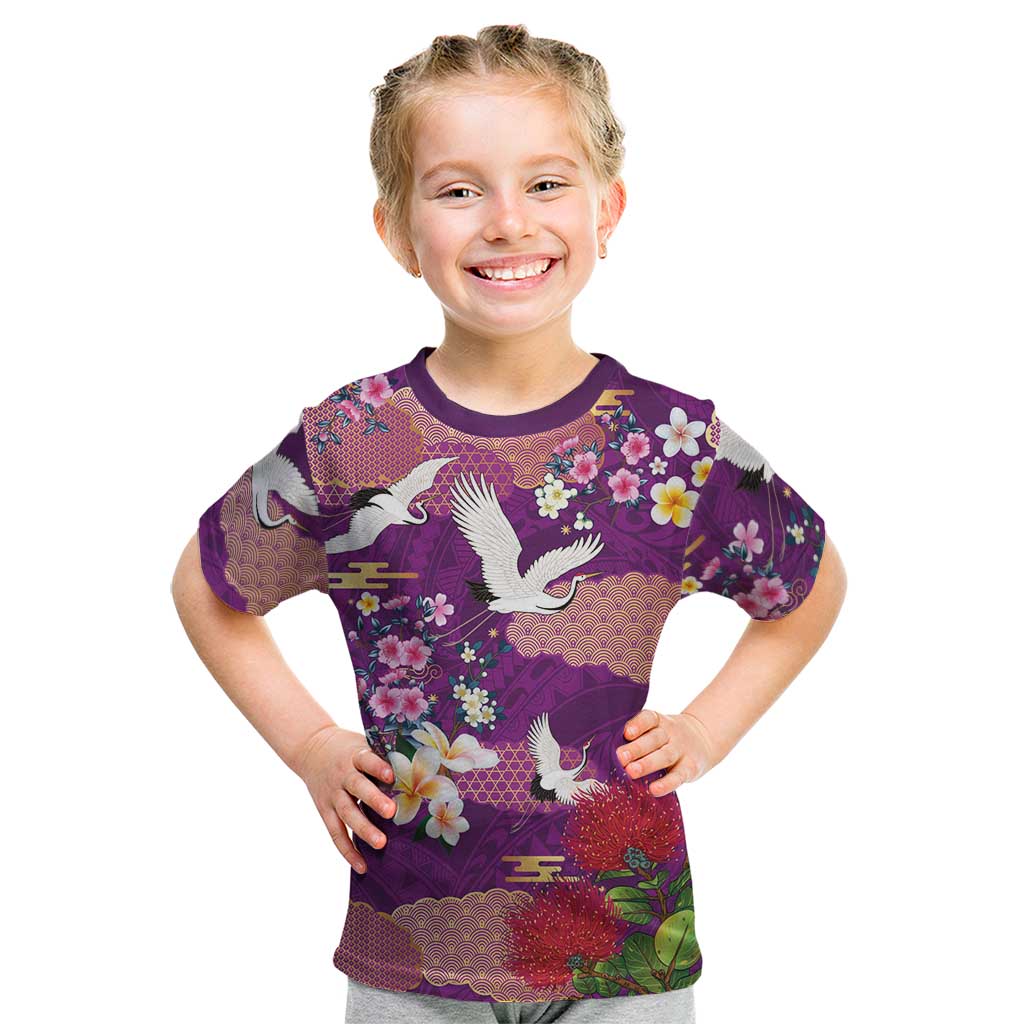 Hawaiian and Japanese Culture Together Kid T Shirt Purple Ohia Lehua Plumeria and Sakura Blooming LT03 Purple - Polynesian Pride