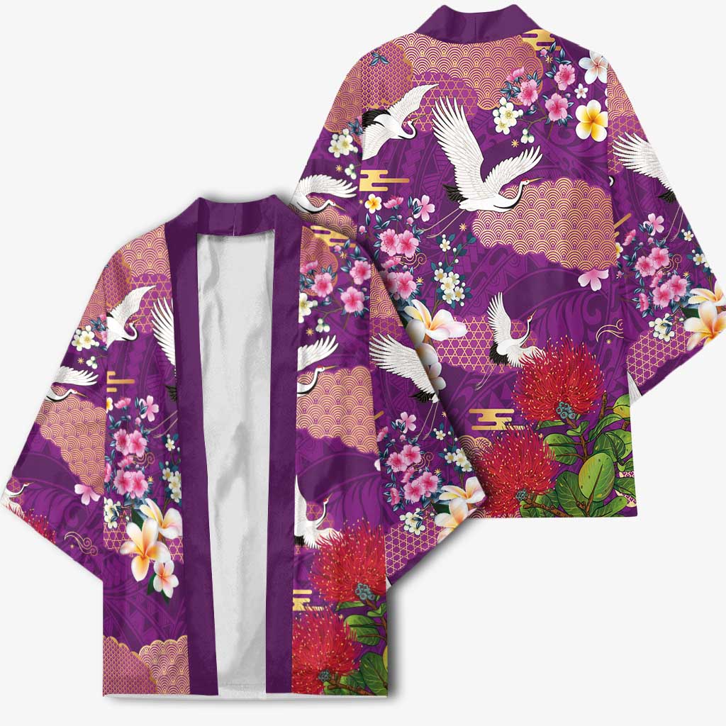 Hawaiian and Japanese Culture Together Kimono Purple Ohia Lehua Plumeria and Sakura Blooming LT03 - Polynesian Pride