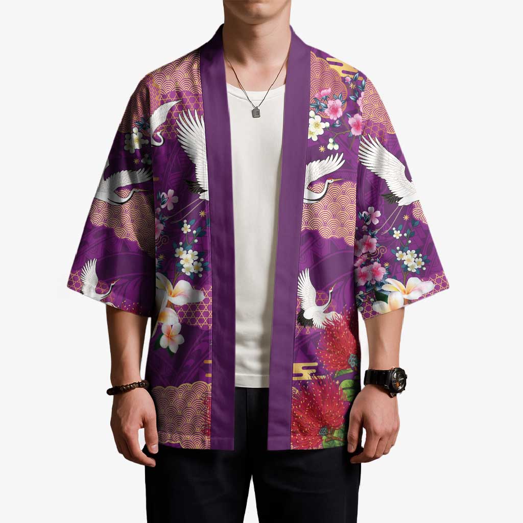 Hawaiian and Japanese Culture Together Kimono Purple Ohia Lehua Plumeria and Sakura Blooming LT03 - Polynesian Pride