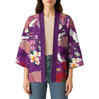 Hawaiian and Japanese Culture Together Kimono Purple Ohia Lehua Plumeria and Sakura Blooming LT03 - Polynesian Pride