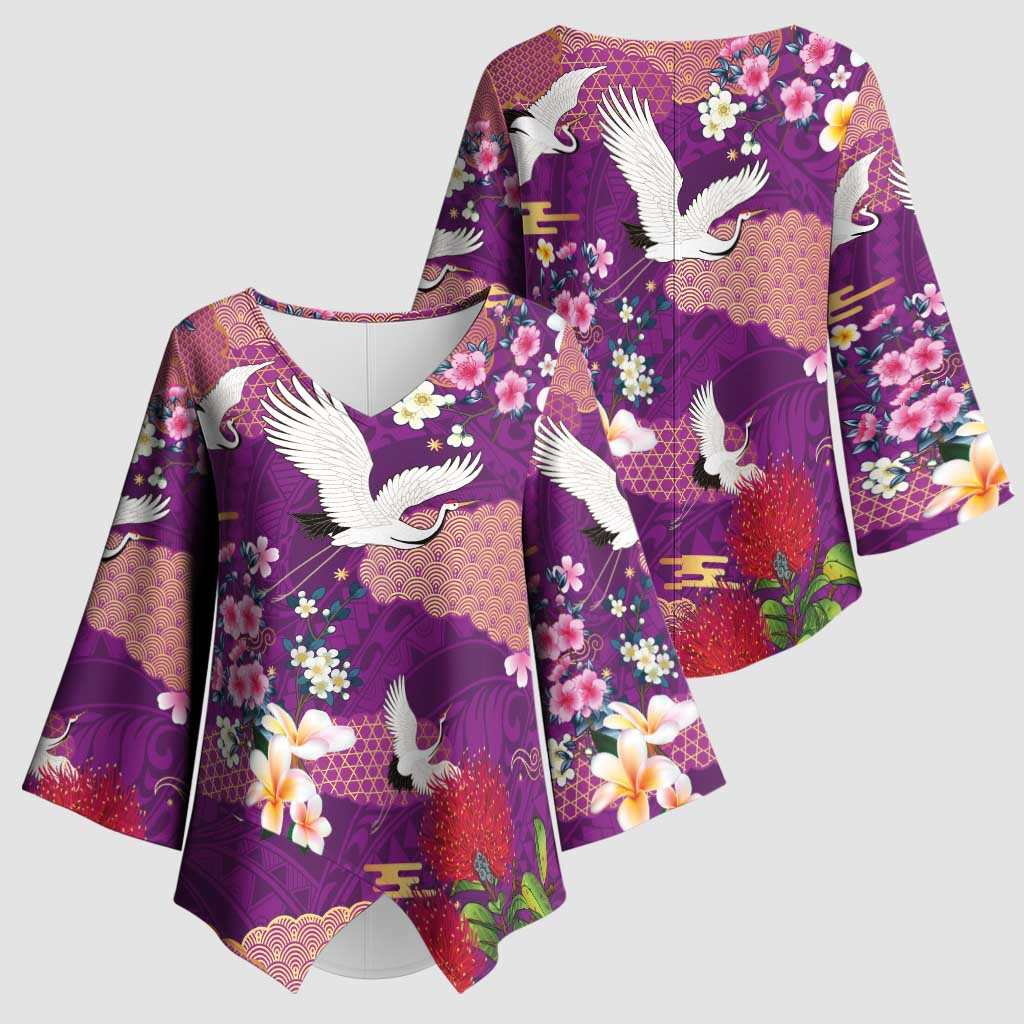Hawaiian and Japanese Culture Together Kimono Sleeve Blouse Purple Ohia Lehua Plumeria and Sakura Blooming LT03 - Polynesian Pride