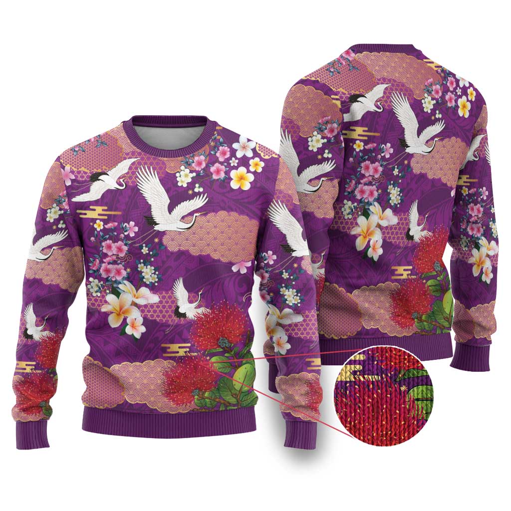 Hawaiian and Japanese Culture Together Ugly Christmas Sweater Purple Ohia Lehua Plumeria and Sakura Blooming LT03 Purple - Polynesian Pride