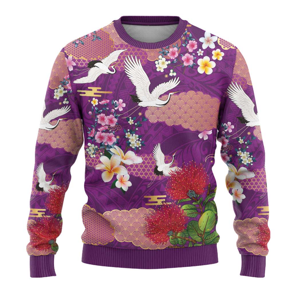 Hawaiian and Japanese Culture Together Ugly Christmas Sweater Purple Ohia Lehua Plumeria and Sakura Blooming LT03 - Polynesian Pride