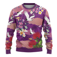Hawaiian and Japanese Culture Together Ugly Christmas Sweater Purple Ohia Lehua Plumeria and Sakura Blooming LT03 - Polynesian Pride
